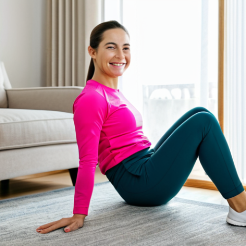 Home 5 **
A woman in modest sportswear is carefully performing a leg extension exercise while sitting on a chair. She is indoors, in a bright and clean living room. She's smiling gently. The scene is well-lit with soft natural light. Perfect anatomy, correct proportions, well-formed hands, proper finger count, natural body proportions, fully clothed, appropriate attire, safe for work, modest, family-friendly.
**