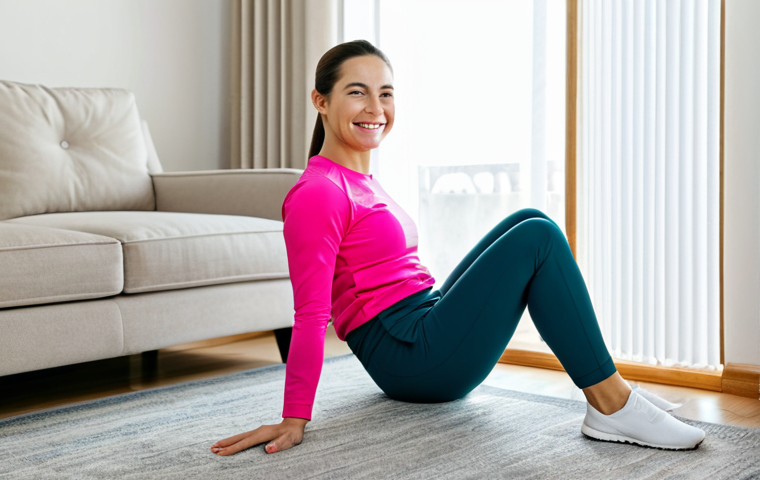 **

A woman in modest sportswear is carefully performing a leg extension exercise while sitting on a chair. She is indoors, in a bright and clean living room. She's smiling gently. The scene is well-lit with soft natural light. Perfect anatomy, correct proportions, well-formed hands, proper finger count, natural body proportions, fully clothed, appropriate attire, safe for work, modest, family-friendly.

**